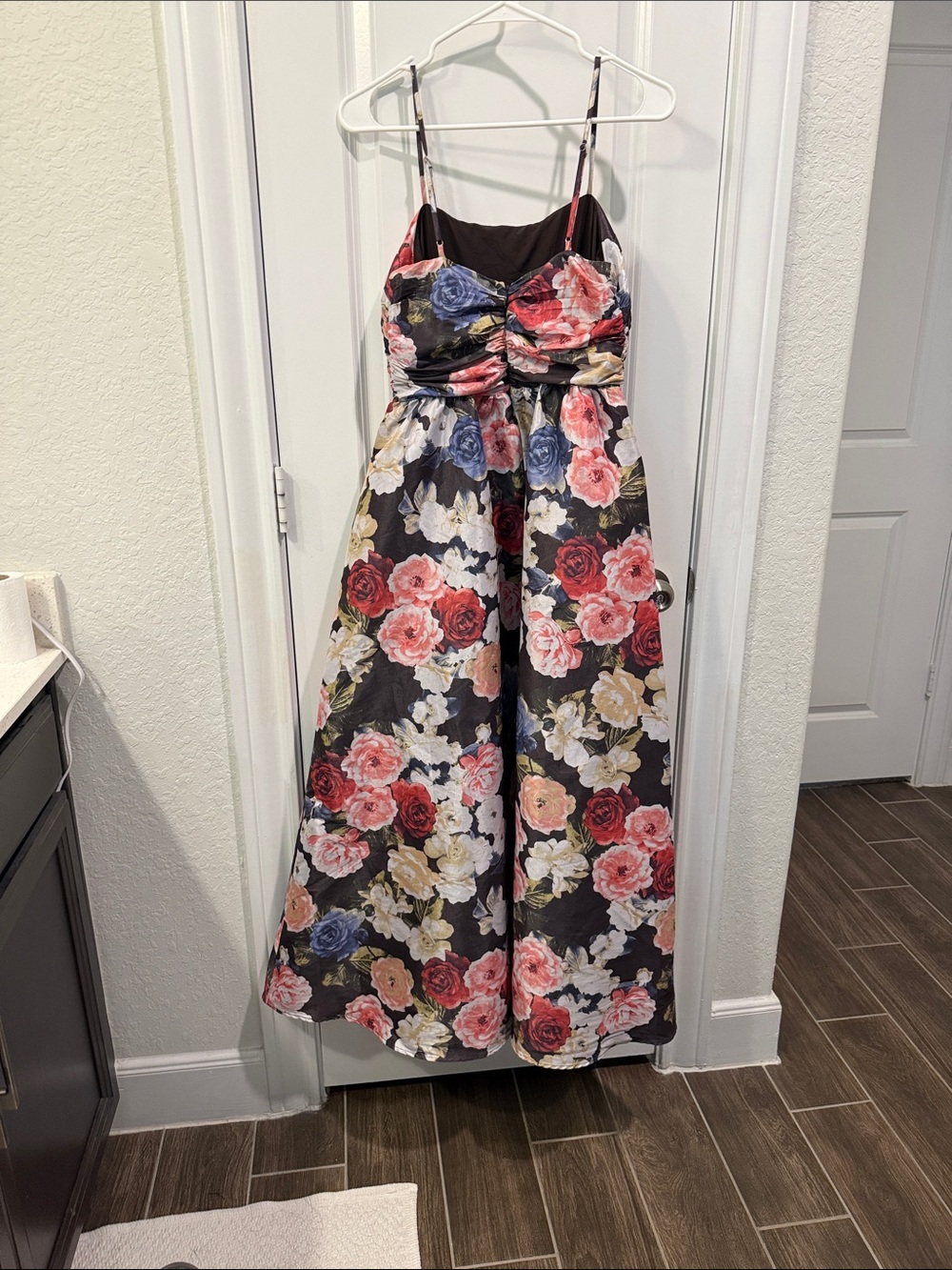 Floral Strappy Fit-and-Flare Maxi Dress - Black Background - Picture 10 of 16